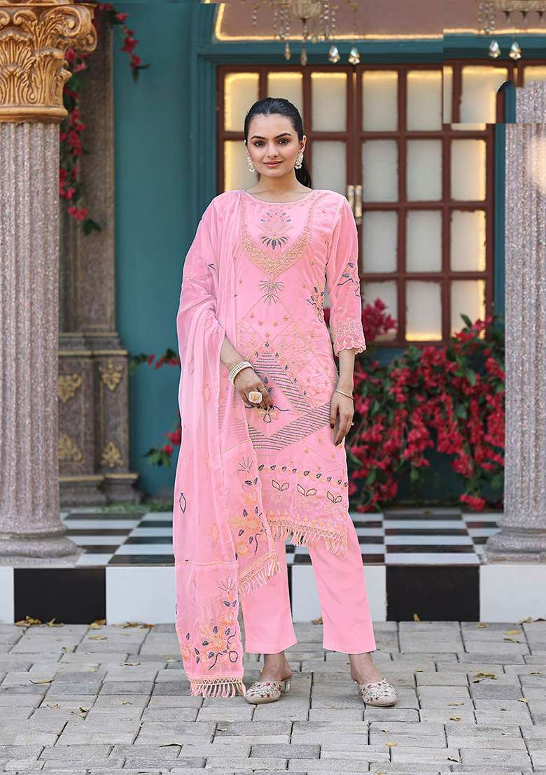 Pink Embroidery Georgette Salwar Suit - Indya
