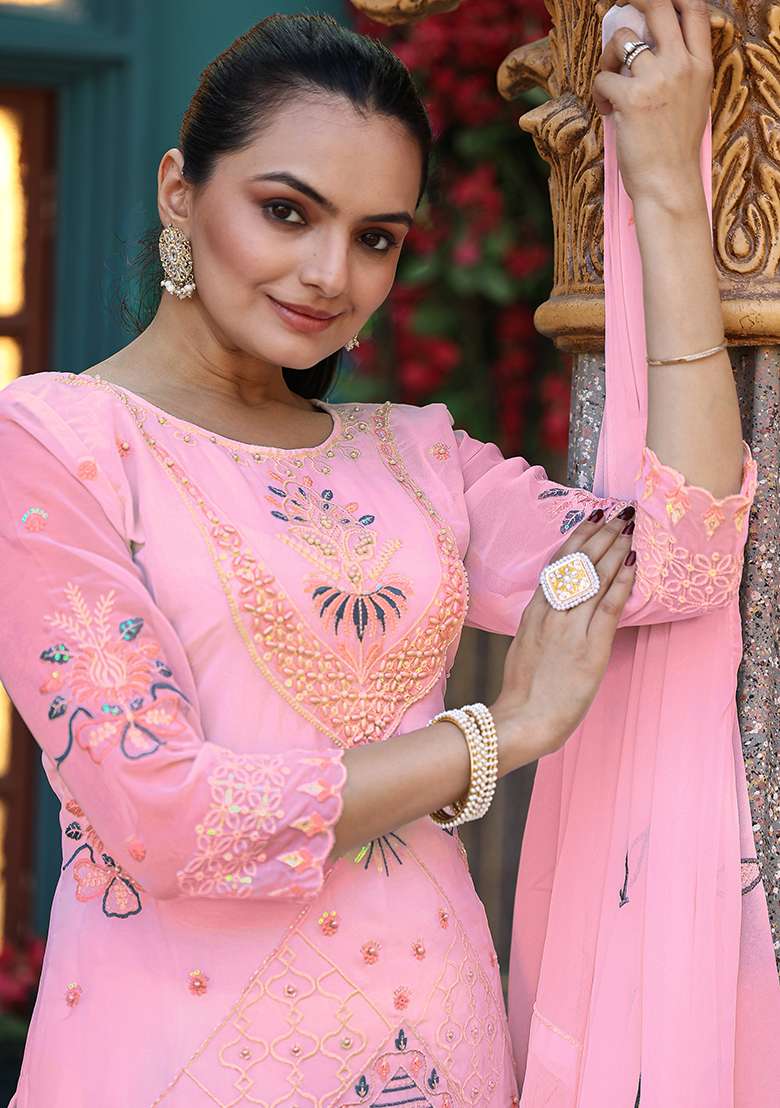 Pink Embroidery Georgette Salwar Suit - Indya