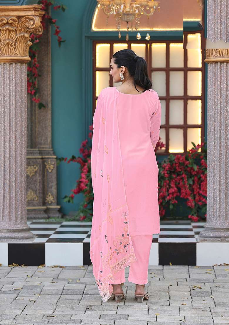 Pink Embroidery Georgette Salwar Suit - Indya