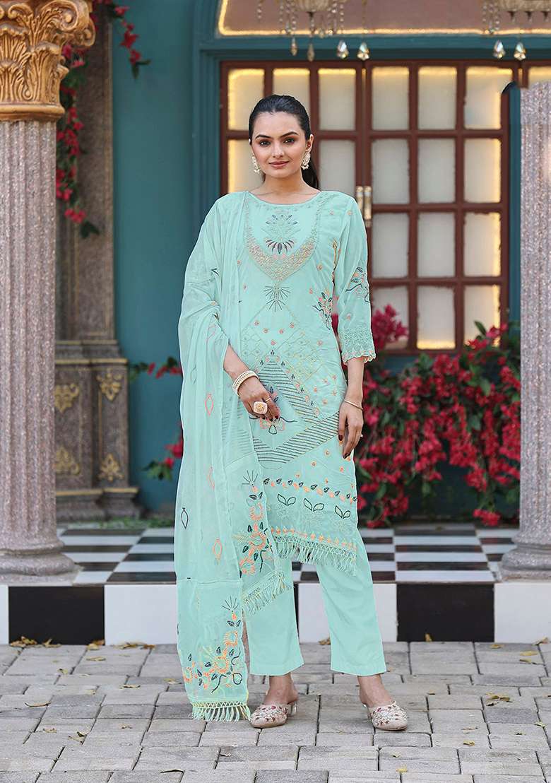 Sea Green Embroidery Georgette Salwar Suit - Indya