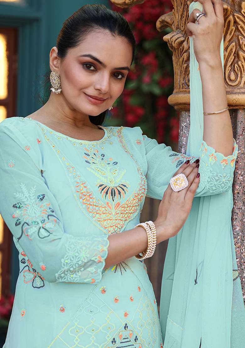 Sea Green Embroidery Georgette Salwar Suit - Indya