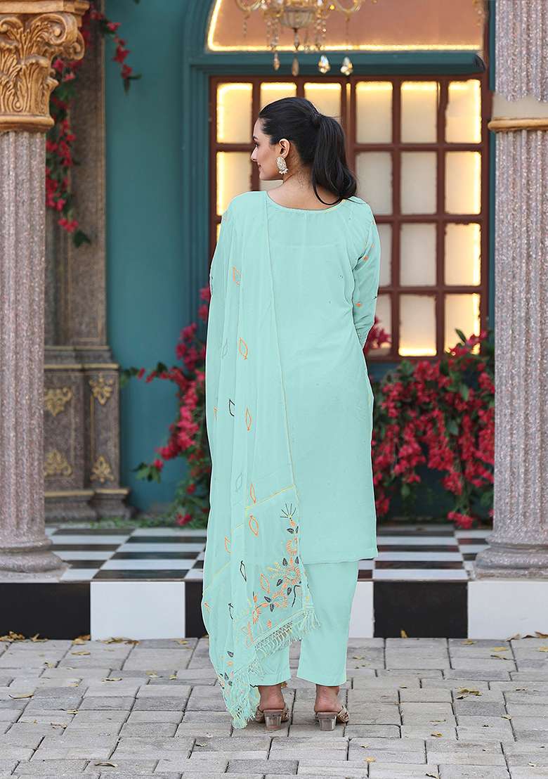 Sea Green Embroidery Georgette Salwar Suit - Indya