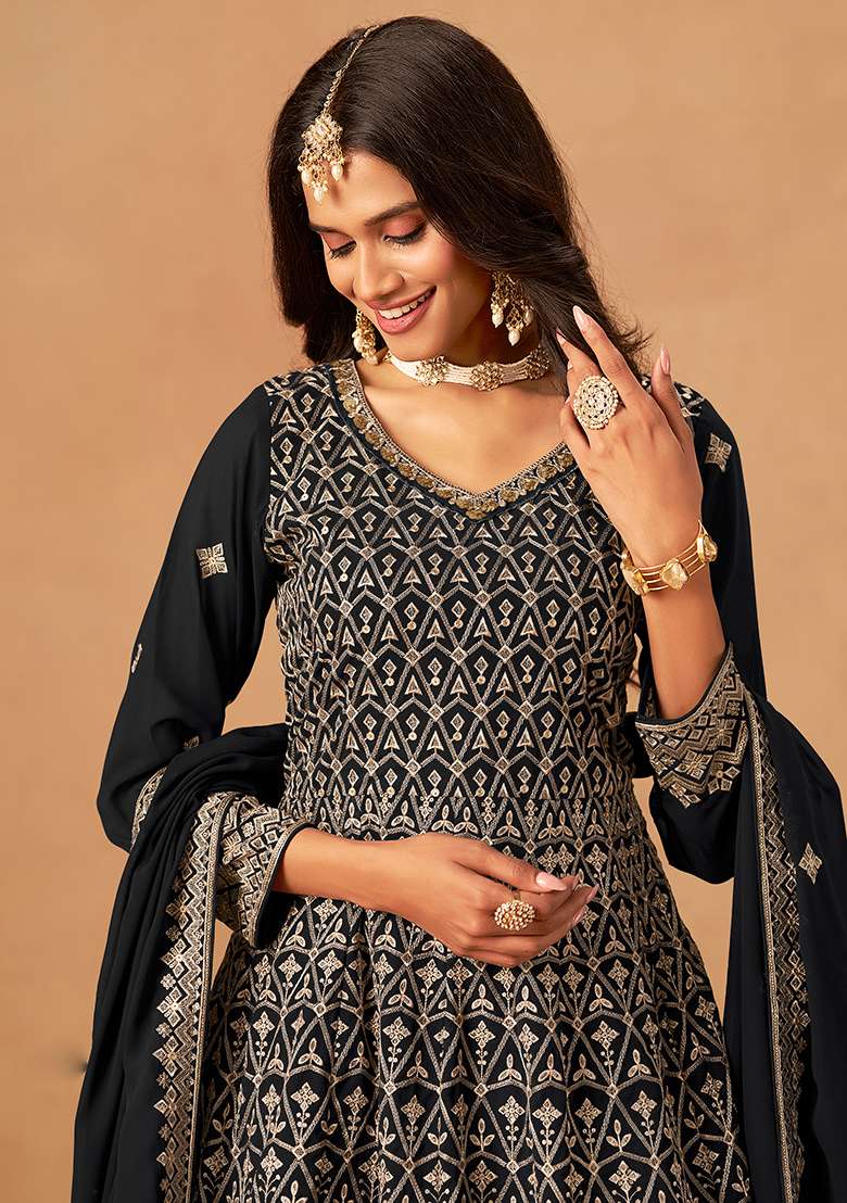 Black Embroidery Faux Georgette Salwar Suit - Indya