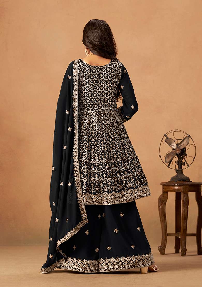 Black Embroidery Faux Georgette Salwar Suit - Indya