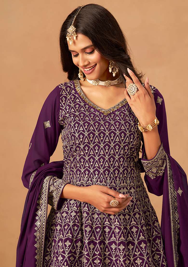 Purple Embroidery Faux Georgette Salwar Suit - Indya