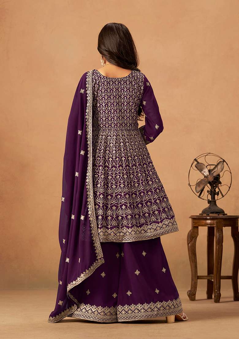 Purple Embroidery Faux Georgette Salwar Suit - Indya