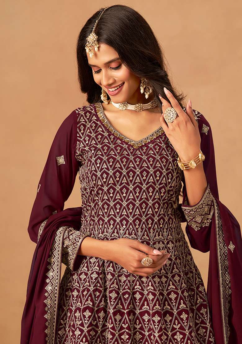 Maroon Embroidery Faux Georgette Salwar Suit - Indya
