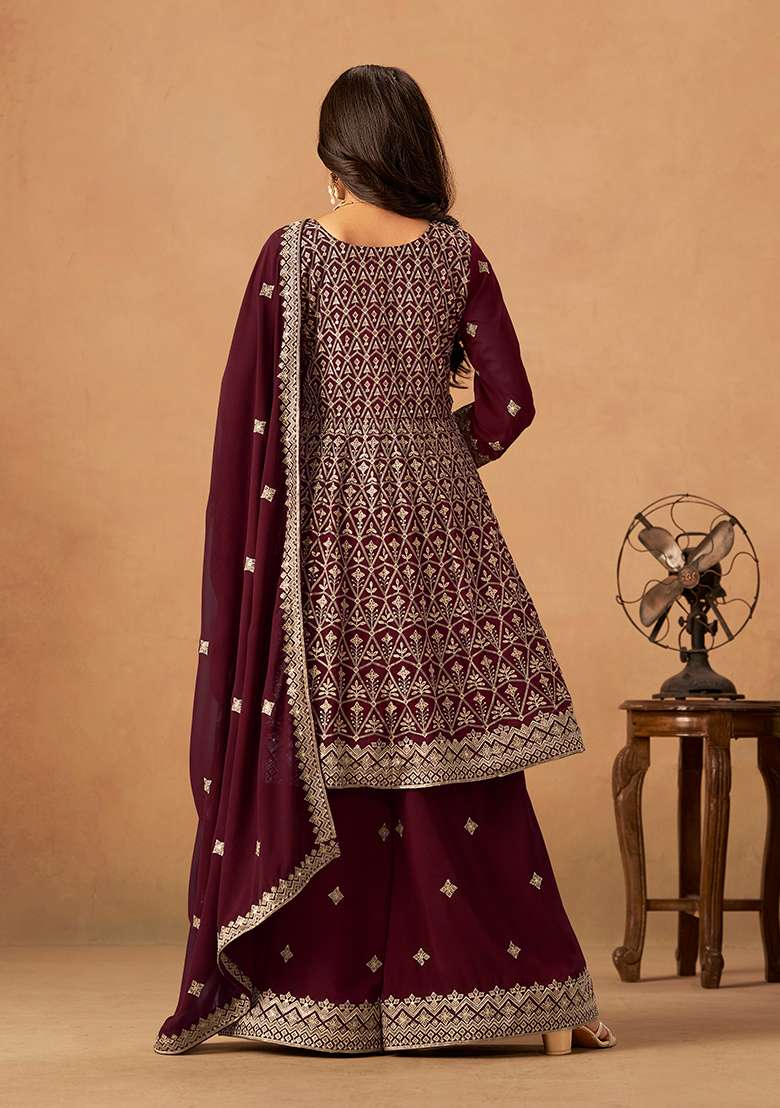 Maroon Embroidery Faux Georgette Salwar Suit - Indya