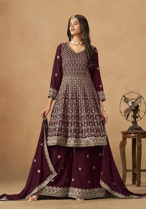 Maroon Embroidery Faux Georgette Salwar Suit