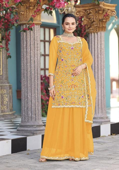 Yellow Embroidery Georgette Salwar Suit