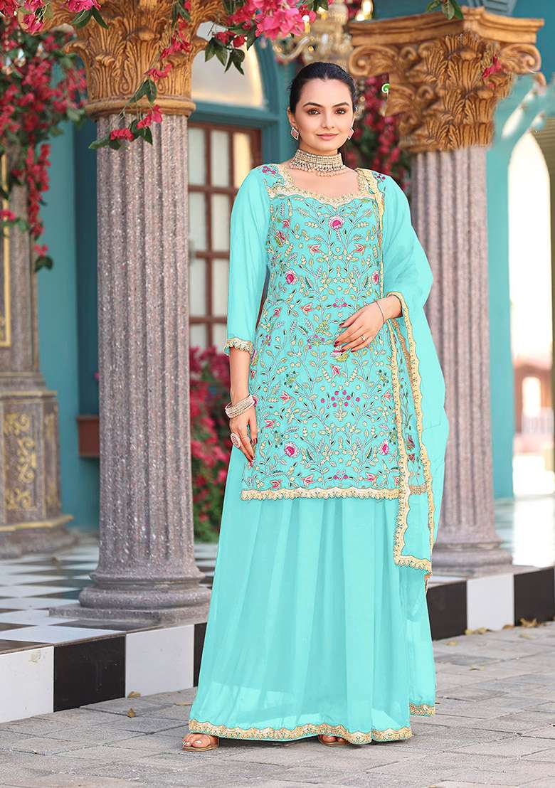 Sea Green Embroidery Georgette Salwar Suit - Indya