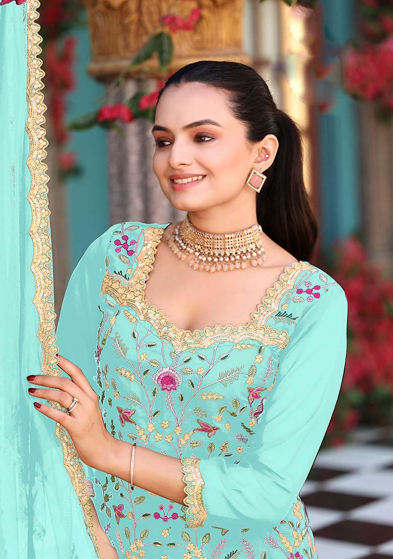 Sea Green Embroidery Georgette Salwar Suit - Indya