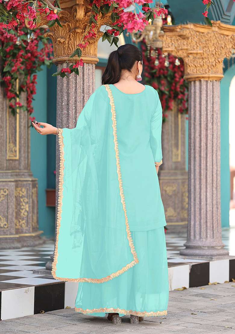 Sea Green Embroidery Georgette Salwar Suit - Indya