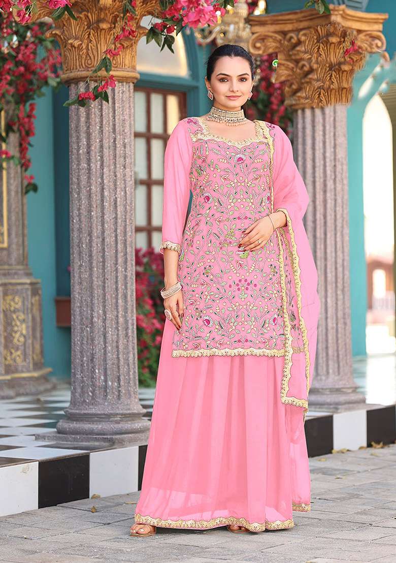 Pink Embroidery Georgette Salwar Suit - Indya
