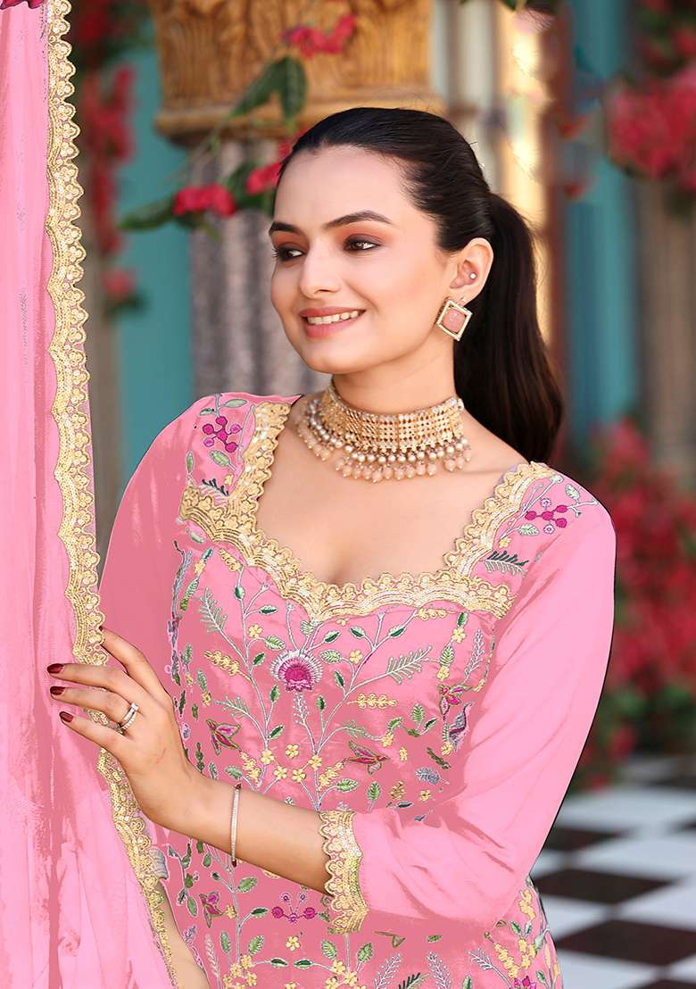 Pink Embroidery Georgette Salwar Suit - Indya