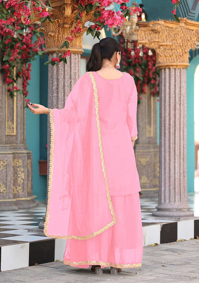 Pink Embroidery Georgette Salwar Suit - Indya