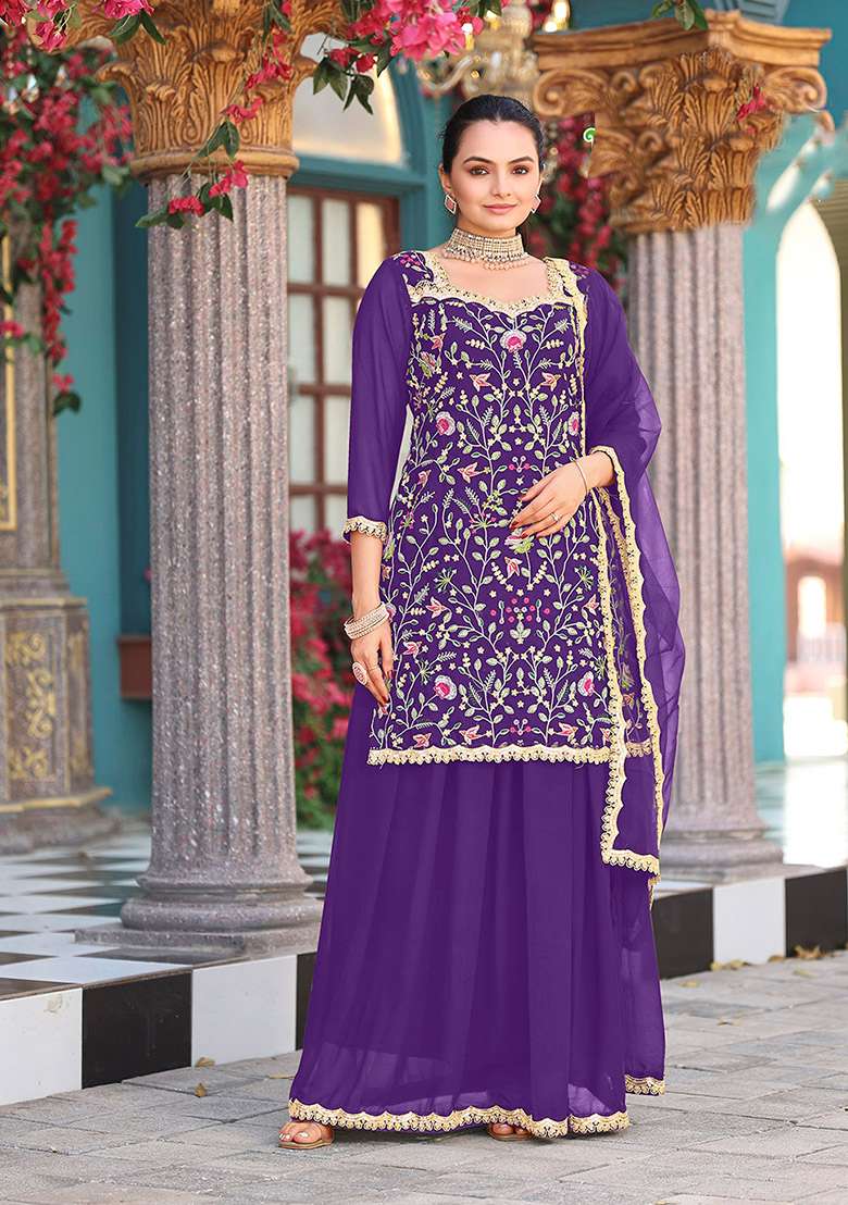 Purple Embroidery Georgette Salwar Suit - Indya