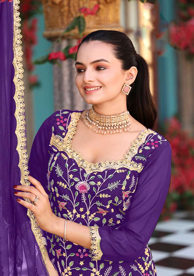 Purple Embroidery Georgette Salwar Suit - Indya