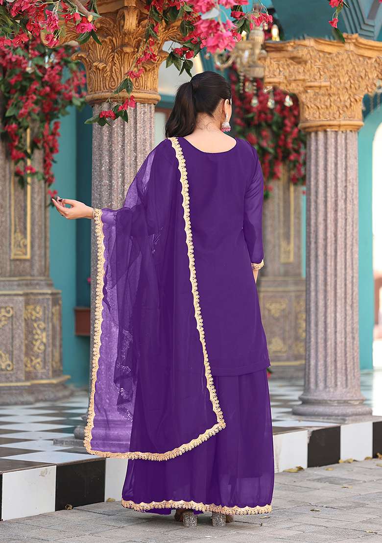 Purple Embroidery Georgette Salwar Suit - Indya