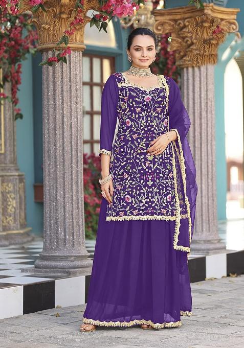 Purple Embroidery Georgette Salwar Suit