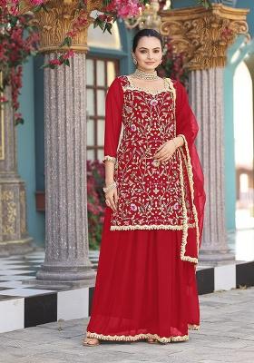 Red Embroidery Georgette Salwar Suit