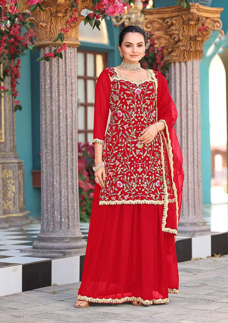 Red Embroidery Georgette Salwar Suit - Indya