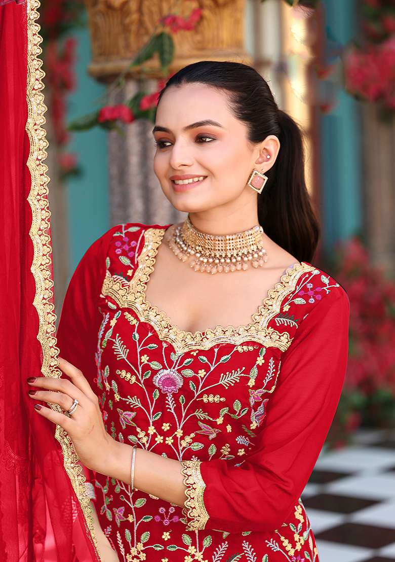 Red Embroidery Georgette Salwar Suit - Indya