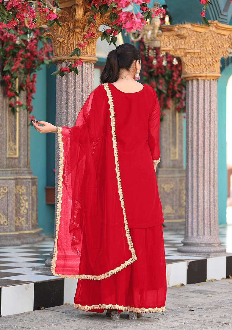 Red Embroidery Georgette Salwar Suit - Indya