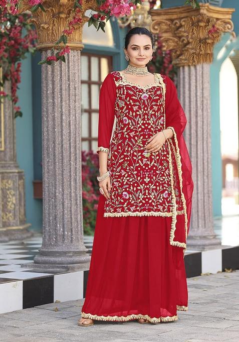 Red Embroidery Georgette Salwar Suit
