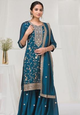 Teal Blue Embroidery Silk Salwar Suit