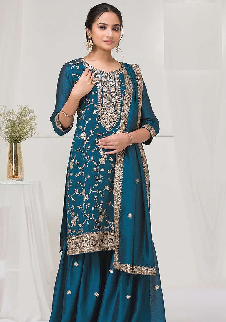 Teal Blue Embroidery Silk Salwar Suit - Indya