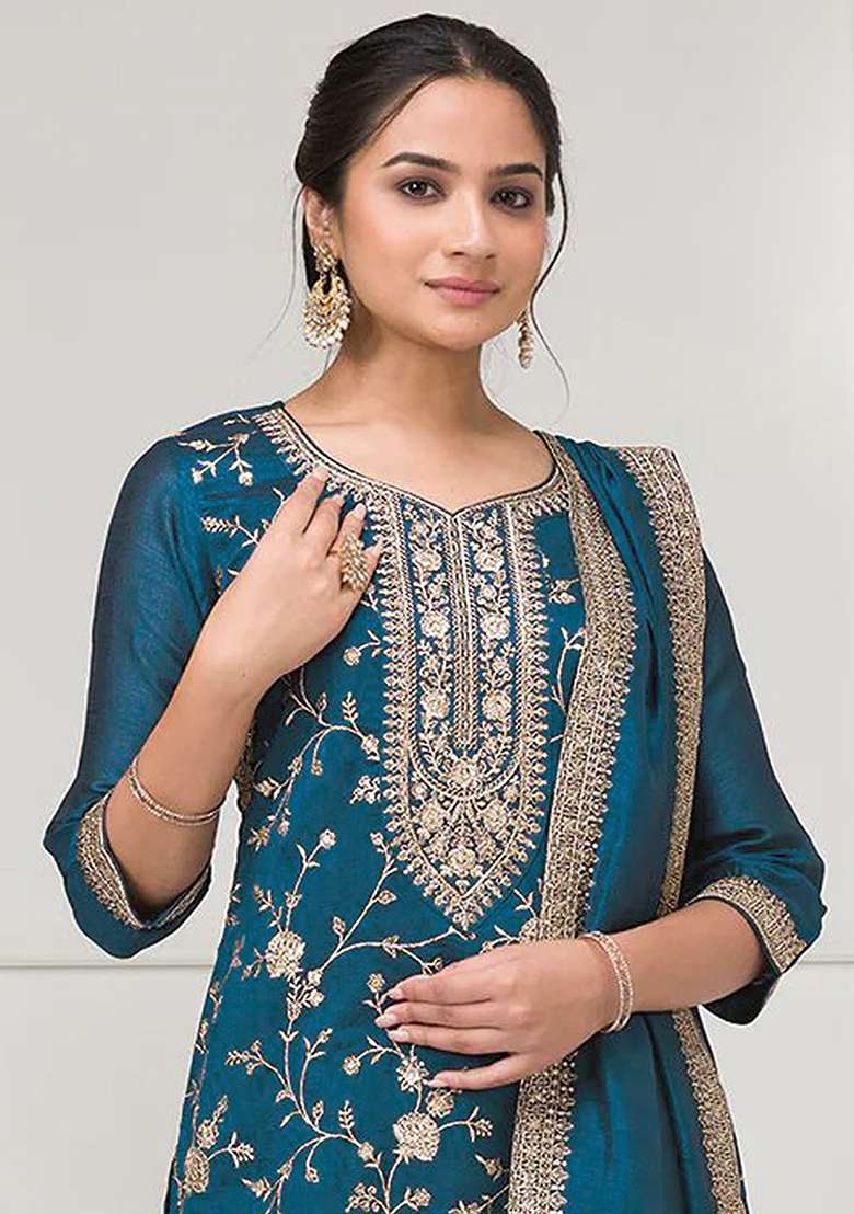 Teal Blue Embroidery Silk Salwar Suit - Indya