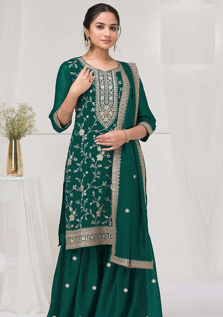 Green Embroidery Silk Salwar Suit - Indya