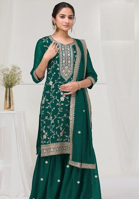 Green Embroidery Silk Salwar Suit