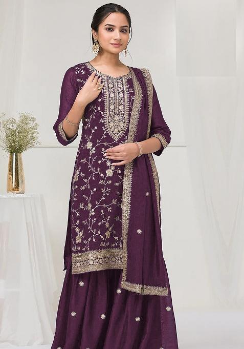Purple Embroidery Silk Salwar Suit