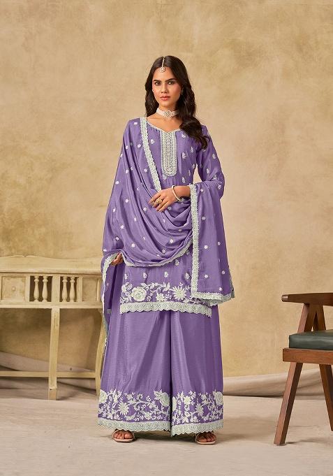 Lavender Embroidery Chinon Salwar Suit