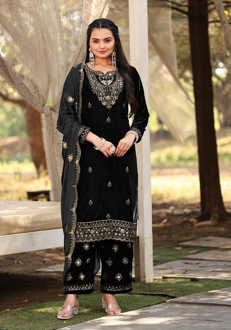 Black Embroidery Velvet Salwar Suit