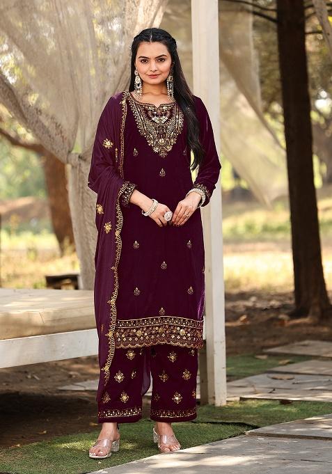 Wine Embroidery Velvet Salwar Suit