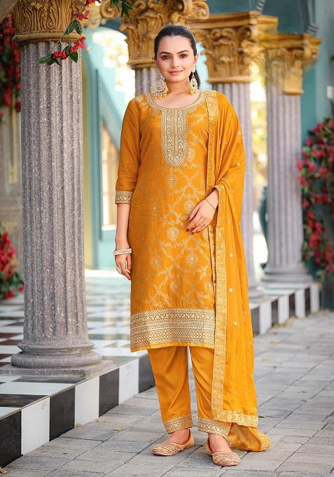 Yellow Embroidery Viscose Jacquard Salwar Suit