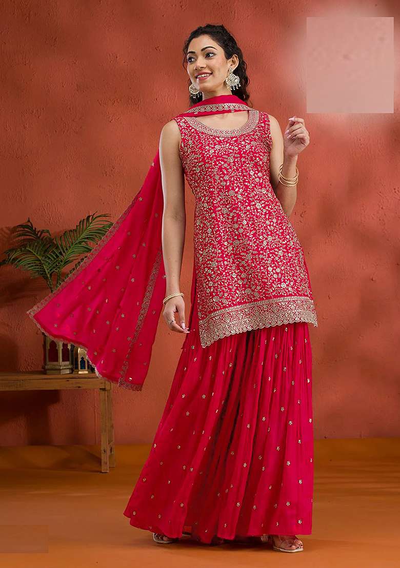 Red Embroidery Georgette Salwar Suit - Indya