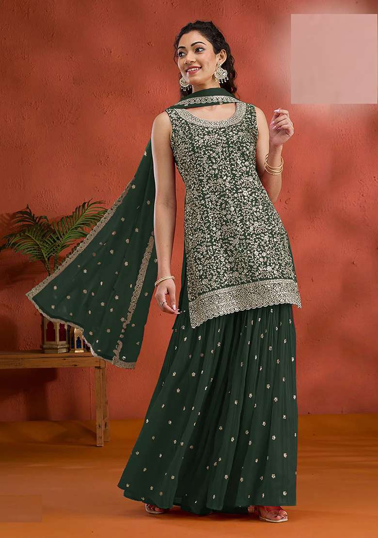 Green Embroidery Georgette Salwar Suit - Indya