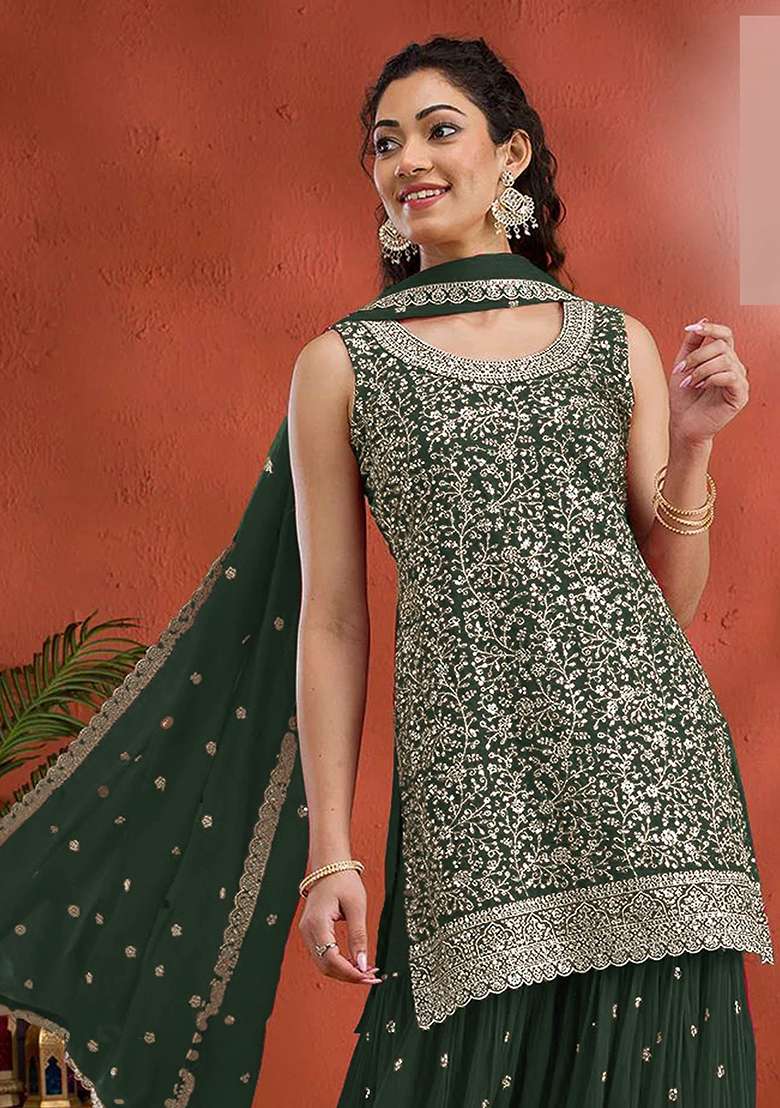 Green Embroidery Georgette Salwar Suit - Indya