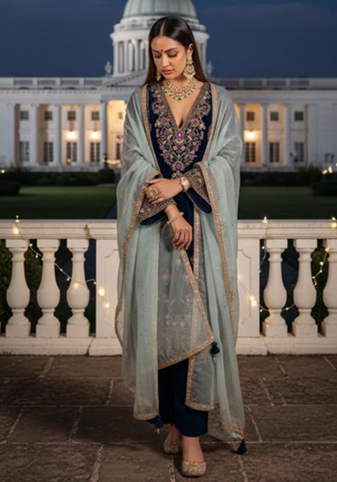 Midnight Blue Embroidery Velvat Kurta Set