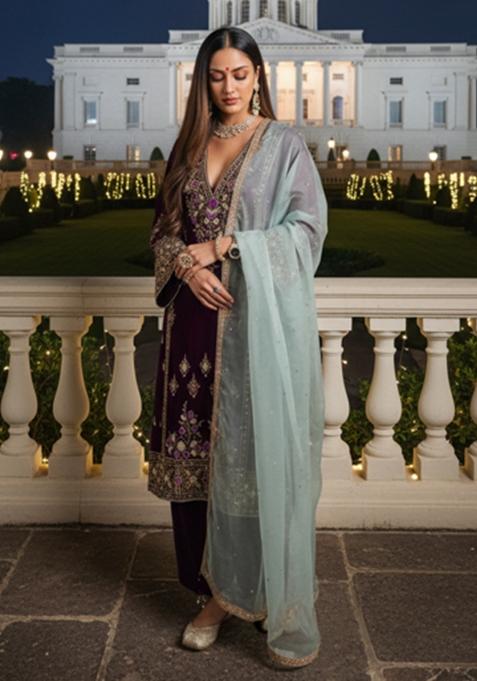 Reddish Purple Embroidery Velvat Kurta Set