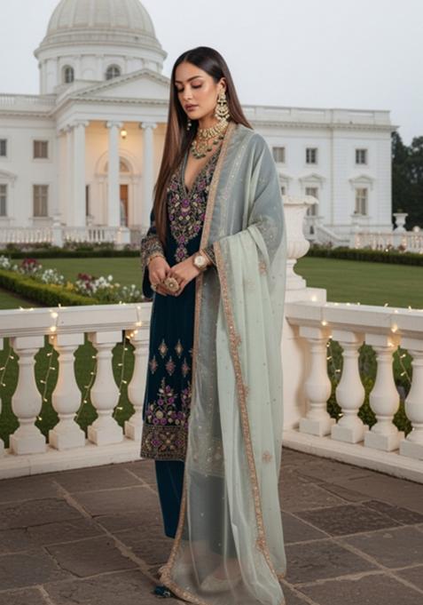Dark Peacock Blue Embroidery Velvat Kurta Set