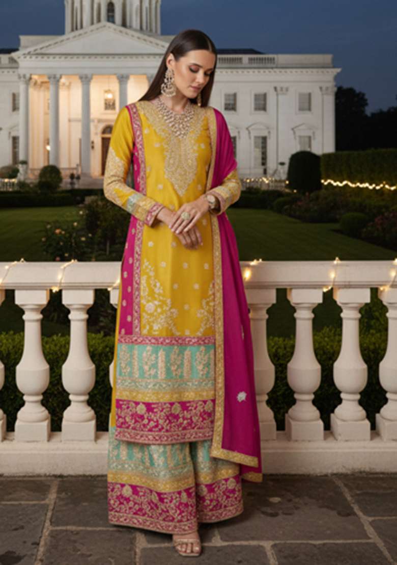 Golden Yellow Embroidered Chinon Sharara Set - Indya