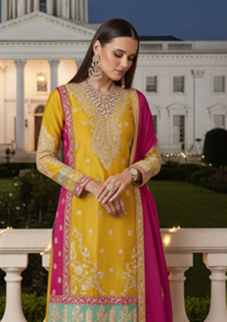 Golden Yellow Embroidered Chinon Sharara Set - Indya