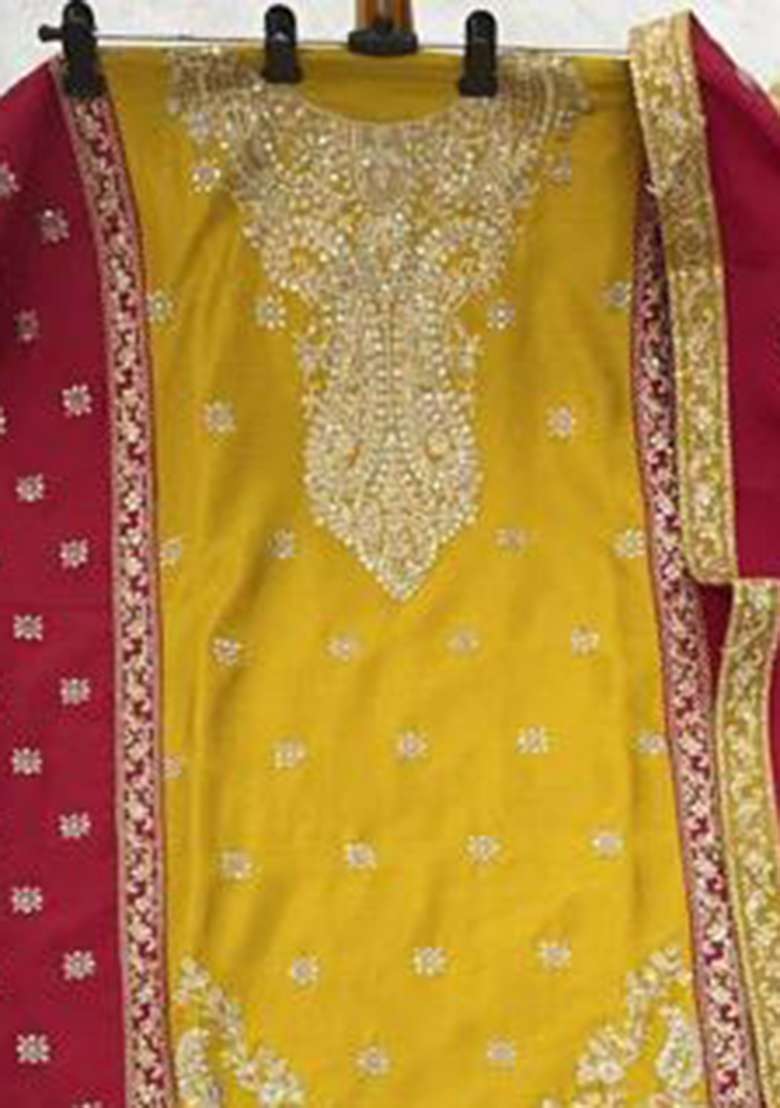 Golden Yellow Embroidered Chinon Sharara Set - Indya