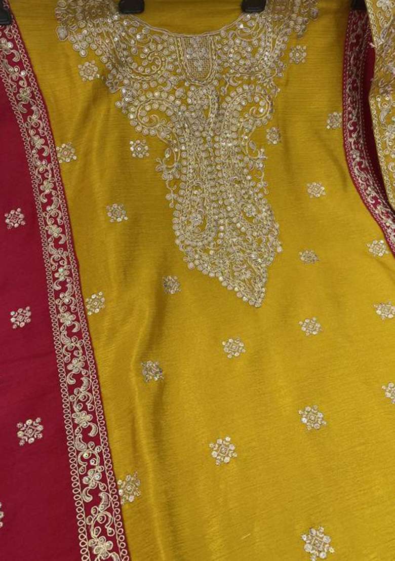 Golden Yellow Embroidered Chinon Sharara Set - Indya