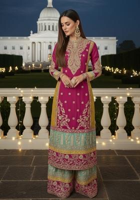 Deep Pink Embroidery Chinon Silk Kurta Set